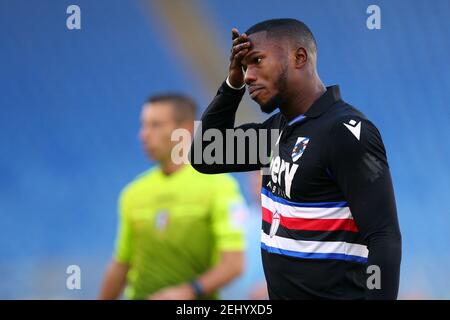 Rom, Italien. Februar 2021, 20th. Keita Balde von Sampdoria reagiert während der italienischen Meisterschaft Serie A Fußballspiel zwischen SS Lazio und UC Sampdoria am 20. Februar 2021 im Stadio Olimpico in Rom, Italien - Foto Federico Proietti/DPPI/LiveMedia/Sipa USA Kredit: SIPA USA/Alamy Live News Stockfoto