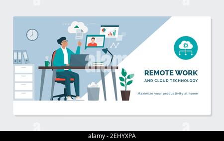 Geschäftsfrau, die in ihrem Büro arbeitet, hat sie einen Videoanruf und teilt Dateien online, Remote-Working-Konzept Stock Vektor