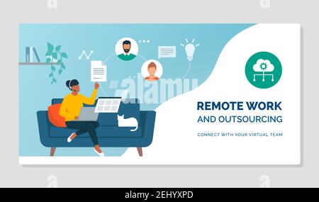 Frau arbeitet von zu Hause aus und verbindet sich mit ihrem Laptop, sie ruft ihr virtuelles Team online an und teilt Dateien Stock Vektor
