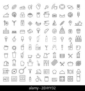 Set von einfachen 100 Küchen-Icons in trendigen Linienstil isoliert auf weißem Hintergrund für Web-Apps und mobile Konzept. Vektorgrafik Stock Vektor