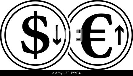 Fallender Dollar Und Wachstum Euro Coins Symbol. Schwarzes Glyphen-Design. Vektorgrafik. Stock Vektor