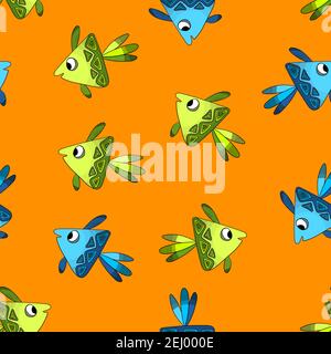 Nahtloses Muster mit niedlichen Fischen auf orangefarbenem Hintergrund. Vektor Cartoon Tiere bunte Illustration. Liebenswert Charakter flach Stil. Stock Vektor