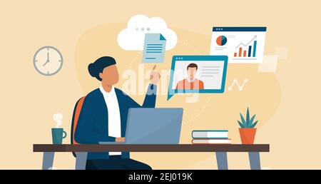 Professionelle Geschäftsfrau, die am Schreibtisch sitzt und sich mit ihrem Laptop verbindet, ruft ihren Kollegen per Video an und teilt Dateien online in der Cloud Stock Vektor