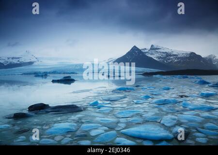 Viele Gletscher treiben und treiben auf dem ruhigen Fjallsarlon Glacier Lake in Island. Stockfoto