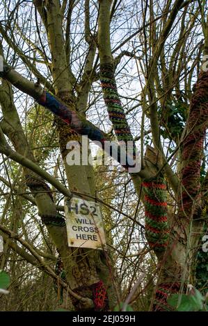 Aylesbury, Buckinghamshire, Großbritannien. 20th. Februar 2021. Gestrickte Schals um Bäume. HS2 Ltd übernahm ein Holz namens Spinney Anfang dieser Woche und haben begonnen, es zu zerstören. Stop HS2 Aktivisten haben ein neues Lager in den Wäldern in der Nähe aufgebaut, um HS2 daran zu hindern, die Bäume zu Fällen. Die Zahl der Demonstranten wächst von Tag zu Tag, da die Menschen sehen, wie zerstörerisch die Hochgeschwindigkeitsbahn von London nach Birmingham für die Umwelt ist. Quelle: Maureen McLean/Alamy Live News Stockfoto