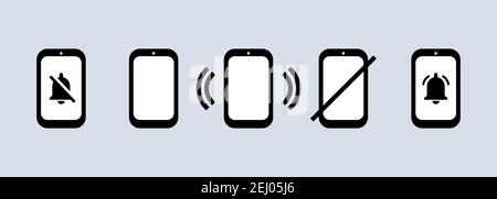 Telefon-Symbol in Schwarz eingestellt. Lautloser Modus. Rufzeichen. Kein Smartphone-Zeichen. Vektor auf isoliertem weißem Hintergrund. EPS 10. Stock Vektor