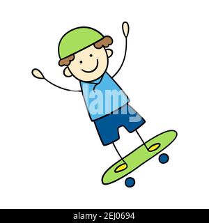 Lustige kleine Junge in einem Helm reitet ein Skateboard. Niedliches Kind Zeichnung. Stock Vektor