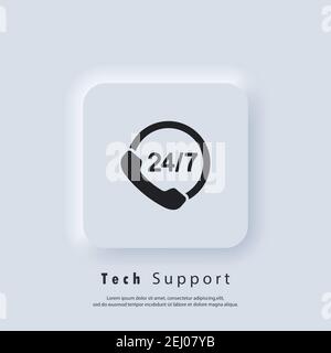 Support-Logo. Call Center-Support 24 7. Service 24 7-Symbol. Vektor. UI-Symbol. Neumorphic UI UX White User Interface Web-Button. Neumorphismus Stock Vektor