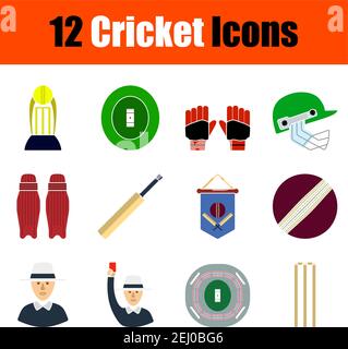 Cricket Icon Set. Flaches Design. Vollständig editierbare Vektordarstellung. Text erweitert. Stock Vektor