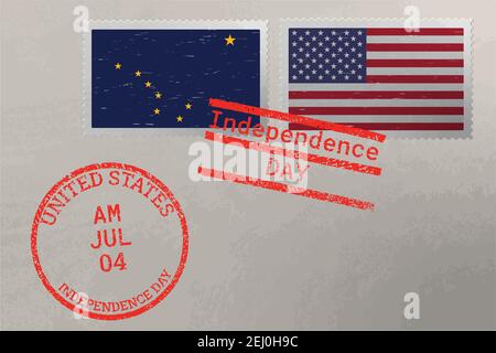 Briefmarkenumschlag mit Alaska- und USA-Flagge und Briefmarken vom 4. Juli, Vektor Stock Vektor