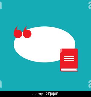 Rotes Buch mit weißer Sprechblase und Anführungszeichen. Isoliert auf blau. Symbol für flache Anzeige. Vektorgrafik. Zitat Logo. Stock Vektor