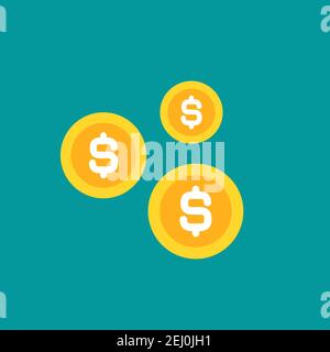 Golddollar-Münzen isoliert auf blauem Hintergrund. Flache Vektorgrafik. Wirtschaft, Finanzen, Geld Tapete. Einkommensdarstellung. Geschäftskonzept Stock Vektor