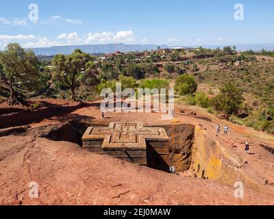 Kreuzförmige Kirche Bet Giyorgis in Lalibela - Draufsicht Stockfoto