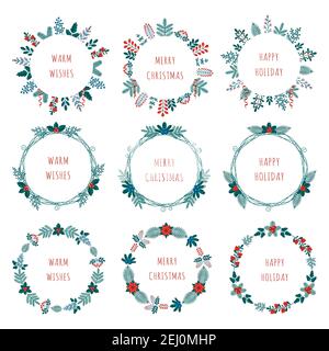 Frohe Weihnachten Kollektion von neun Grußkarten mit Winterpflanzen Rahmen - Kranz in flachem Stil. Stock Vektor-Illustrationen mit botanischen Symbolen o Stock Vektor