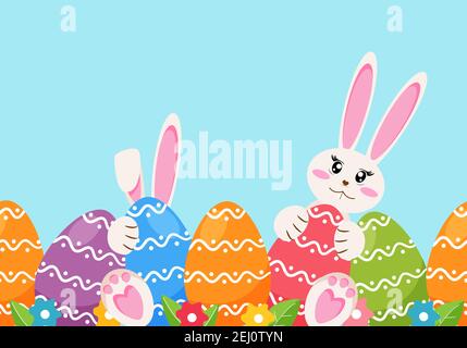 Ostern bunte nahtlose Grenze mit Eiern und Hasen. Vektorgrafik. Stock Vektor