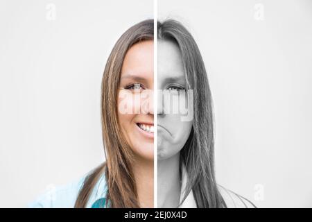 Portrait der jungen schönen Frau Gesicht zeigt glückliche und traurige Emotionen. Unterschiedliche Emotionen ausdrücken. Bipolare Störung Stockfoto