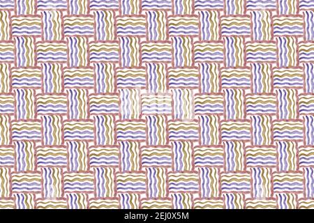 Wiederhole Muster von abstrakten Quadraten gebildet von lockigen horizontalen Linien, einfache Aquarell Geometrie Ornament auf dem weißen Hintergrund Stockfoto
