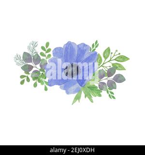 Zarte Aquarell blaue Anemone Blume und grüne Blätter florale Zusammensetzung auf dem weißen Hintergrund, einfache handgezeichnete Muster Stockfoto