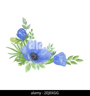 Zarte Aquarell blaue Anemone Blume und grüne Blätter florale Zusammensetzung auf dem weißen Hintergrund, einfache handgezeichnete Muster, Grußkarte arrangem Stockfoto