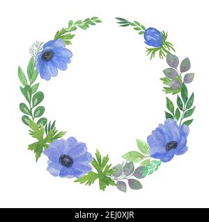 Zarte Aquarell blaue Anemone Blume und grüne Blätter Kranz, florale Zusammensetzung auf dem weißen Hintergrund, einfache handgezeichnete Muster, Grußkarte Stockfoto