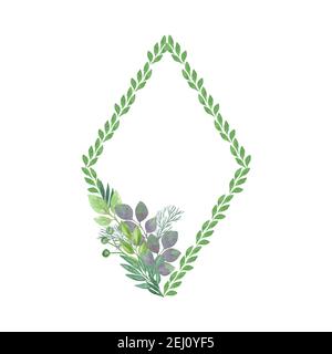 Handgezeichneter Rahmen in Form von Raute, Aquarell florale Illustration, Feiertagsfeier Ornament für Einladung, Hochzeit oder Grußkarten Stockfoto