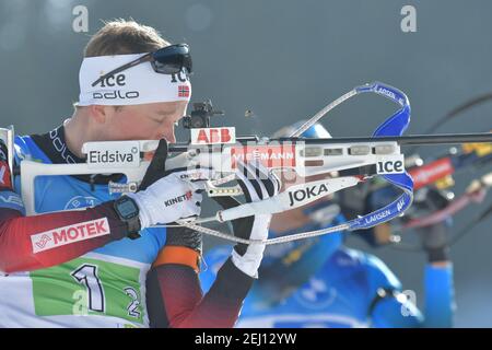 20. Februar 2021, Pokljuka, Slowenien: Pokljuka, Slowenien, Biathlon-Strecke, 20. Februar 2021, BOE Tarjei - Norwegen während der IBU-Weltmeisterschaft Biathlon - Männer 4x7,5 km Staffel - Biathlon (Bild: © Marco Todaro/LPS via ZUMA Wire) Stockfoto