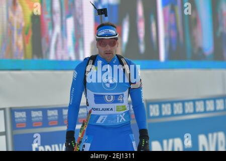 20. Februar 2021, Pokljuka, Slowenien: Pokljuka, Slowenien, Biathlon-Strecke, 20. Februar 2021, Windish Dominik - Italien während der IBU-Weltmeisterschaft Biathlon - Männer 4x7,5 km Staffel - Biathlon (Bildnachweis: © Marco Todaro/LPS via ZUMA Wire) Stockfoto