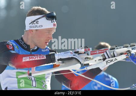 20. Februar 2021, Pokljuka, Slowenien: Pokljuka, Slowenien, Biathlon-Strecke, 20. Februar 2021, BOE Tarjei - Norwegen während der IBU-Weltmeisterschaft Biathlon - Männer 4x7,5 km Staffel - Biathlon (Bild: © Marco Todaro/LPS via ZUMA Wire) Stockfoto