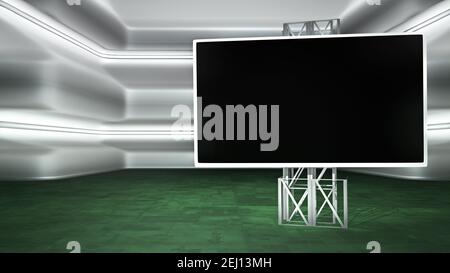 Futuristische virtuelle Studio-Kulisse mit einem Monitor ideal für tv-Shows, Werbespots oder Veranstaltungen. Ein realistischer 3D Render, ideal für VR-Tracking-System-Sets, Stockfoto