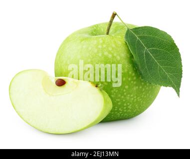 Reif grüner Apfel mit Blatt und Scheibe isoliert auf weiß Hintergrund mit Beschneidungspfad Stockfoto