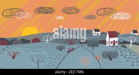 Vektor-Illustration von Landschaft mit Sonnenaufgang, Feldarbeit, Gartenbeete, Bäume, Dorf, Zuhause, Traktor und Natur. Zeichnung für Poster, Karte oder Stock Vektor