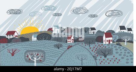 Vektor-Illustration von Landschaft mit Sonnenaufgang, Feldarbeit, Gartenbeete, Bäume, Dorf, Zuhause, Traktor und Natur. Zeichnung für Poster, Karte oder Stock Vektor