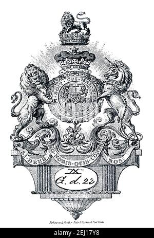 Exlibris von Prinz Augustus Friedrich, Herzog von Sussex, (1773–1843) gedruckt auf Perkins und Heath patentgehärtetem Stahlblech Stockfoto