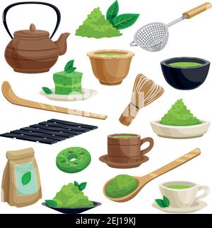 Japanische traditionelle Teezeremonie Symbole Set einschließlich grünem Matcha Pulver Werkzeuge Schneebesen Schüssel Löffel Teekanne Vektor Illustration Stock Vektor