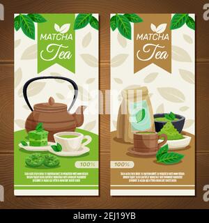 Japanische Teezeremonie 2 vertikale Banner mit grüner Matcha Puder Dessert und Teekanne isoliert Vektor-Illustration Stock Vektor