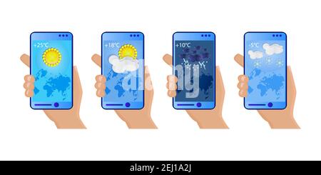 Set von Händen halten Smartphone mit Wetter-App, bewölkt, regnerisch, verschneit und sonnigen Tag. Touchscreen mit verschiedenen Jahreszeiten, Temperaturen und Karten. Vektor Stock Vektor