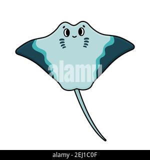 Vektor Cartoon Umriss blau Common Ray Stachelrochen aus Meer, Meer oder Aquarium. Doodle Animal ist auf weißem Hintergrund isoliert Stock Vektor