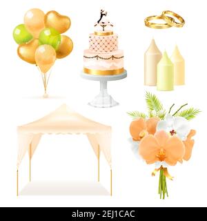 Hochzeit Elemente realistische Set mit Outdoor-Zelt, Kuchen, Kerzen, Ringe, Blumenstrauß, Isolierte Vektordarstellung für Ballons Stock Vektor