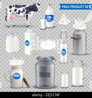 Satz von Milchprodukt in verschiedenen Behältern mit Kuh, Molkerei Spritzer isoliert auf transparentem Hintergrund Vektor-Illustration Stock Vektor