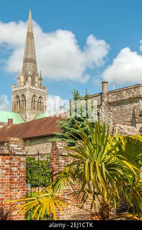 Chichester Cathedral von Bishops Palace Garden im Frühling, West Sussex, England, Großbritannien Stockfoto