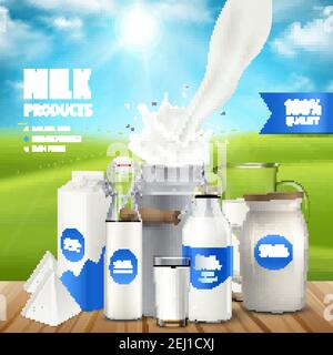 Plakat mit Milchprodukten am Holztisch auf dem Hintergrund Blauer Himmel und grüne Weide Vektor-Illustration Stock Vektor