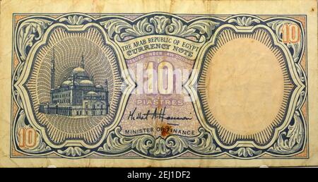 Eine alte zehn ägyptische Piasters Banknote, altes ägyptisches Geld Stockfoto