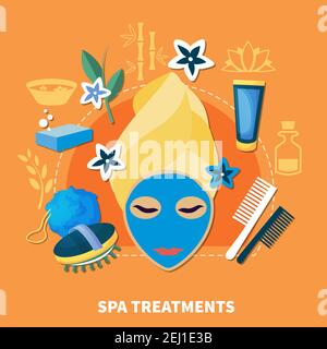 Spa Resort beliebte Behandlungen Flachposter mit Gesichtsmasken Körper Massage und Thermalwasser Bäder Vektor-Illustration Stock Vektor