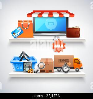 Online-Shopping realistische Komposition mit zwei Regalen und verschiedenen konzeptionellen Bilder von Artikeln zum Verkauf Vektor-Illustration Stock Vektor