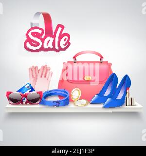 Online-Shopping realistische Zusammensetzung mit verschiedenen weiblichen Accessoires Sonnenbrillen High Heel Schuhe und Vanity Bag Vektor Illustration Stock Vektor