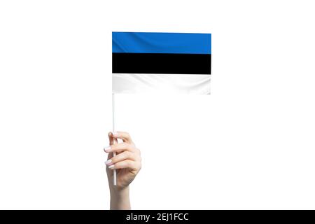 Schöne weibliche Hand hält Estland Flagge, isoliert auf weißem Hintergrund. Stockfoto