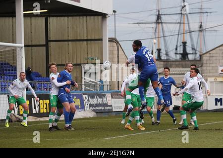 HARTLEPOOL, ENGLAND. FEB 20th: Ryan Johnson von Hartlepool United in Aktion während des Vanarama National League-Spiels zwischen Hartlepool United und Yeovil Town im Victoria Park, Hartlepool am Samstag, 20th. Februar 2021. (Kredit: Mark Fletcher, Mi News) Kredit: MI Nachrichten & Sport /Alamy Live Nachrichten Stockfoto