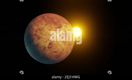 Planet Venus mit der Sonne auf dem Hintergrund des Weltraums mit hellen Sternen der Milchstraße. 3D Abbildung Stockfoto