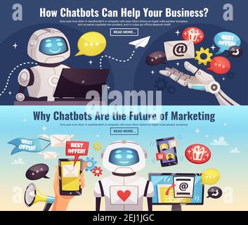 Chatbot horizontale Banner mit Informationen über die Anwendung Sphäre der künstlichen Intelligenz in Zukunft Cartoon Vektor Illustration Stock Vektor