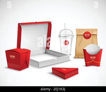 Fast-Food-Verpackung Corporate Identity realistische Vorlagen Proben rot gesetzt Weiß Natur mit Pizza Box Vektor Illustration Stock Vektor